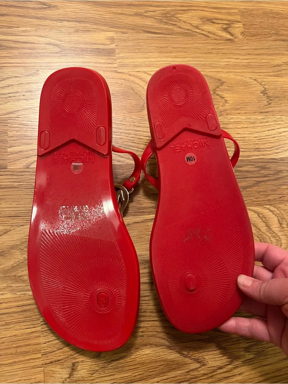 Michael Kors Red Logo Charm Jelly T-Strap Cork Sandals/Flip Flops.